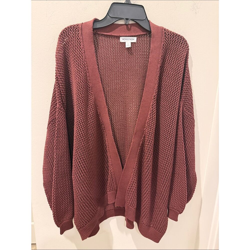 Nordstrom Brown Open-Stitch  Knit Cardigan - relaxed 3/4 sleeves size Large